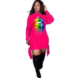 Colorful Lip Print Sheath T Shirt Dress Women Autumn Winter Long Sleeve Bodycon Mini Dress Streetwear Lace Up Casual Black Dress