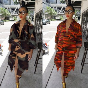 Autumn Long Shirt Dress Women Long Sleeve Camouflage Print Knee Length Casual Dresses Streetwear Button Oversize T Shirt Dress