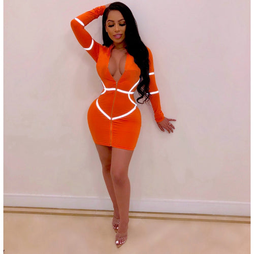 Zipper Front Long Sleeve Sexy Bodycon Dress Women Autumn Winter Reflective Bandage Party Dresses Female Mini Night Club Dress