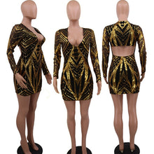 Load image into Gallery viewer, Autumn Women Sequin Dress Long Sleeve Elegant Bodycon Party Dress Sheath Deep V Neck Gold Glitter Backless Short Mini Club Dress