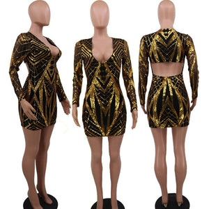 Autumn Women Sequin Dress Long Sleeve Elegant Bodycon Party Dress Sheath Deep V Neck Gold Glitter Backless Short Mini Club Dress