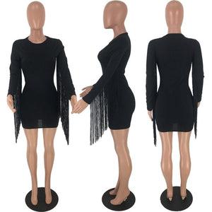 Winter Autumn Bodycon Dress Women Tassel Fringe Long Sleeve Casual Dress Sexy Black Club Party Elegant Mini Short Dress Vestidos