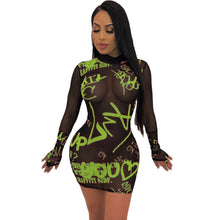 Load image into Gallery viewer, Scrawl Letter Mesh Sheer Mini Club Dress Women Long Sleeve Sexy Bodycon Dress See-through Night Party Dresses Vestido De Festa