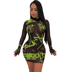 Scrawl Letter Mesh Sheer Mini Club Dress Women Long Sleeve Sexy Bodycon Dress See-through Night Party Dresses Vestido De Festa