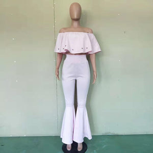 Women Ruffle Sexy Two Piece Set Top and Pants Off Shoulder Crop Top Elegant Pink 2 Piece Matching Set Outfits Flare Pants Set