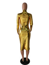 Load image into Gallery viewer, Gold Silver Bright Metallic Club Party Dress Women Long Sleeve Turtleneck Bodycon Midi Dress Elegant Sexy Dress Vestido De Festa