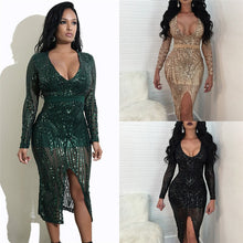 Load image into Gallery viewer, Sexy Sheer Glitter Sequin Party Dresses Women Long Sleeve Plunge V Neck Front Split See Through Sparkly Bodycon Dress Clubwear