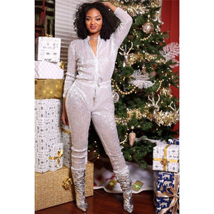 Long Sleeve Sequin Jumpsuit Women Spring Autumn Front Zipper Drawstring Waist Clubwear Long Pants Romper Sparkly Party Jumpsuits