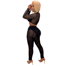 Load image into Gallery viewer, Sexy Mesh Sheer Ruched Two Pieces Set Women Long Sleeve See Through Cut Out Crop Top + Ankle-Length Pants Party Matching Outfits