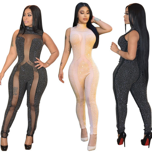 Rhinestone Jumpsuit Women Summer Sleeveless Sheer Mesh Patchwork Club Bodycon Jumpsuit Long Pants Romper Party Jumpsuits Catsuit