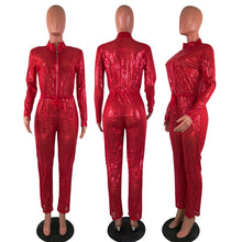 Load image into Gallery viewer, Long Sleeve Sequin Jumpsuit Women Spring Autumn Front Zipper Drawstring Waist Clubwear Long Pants Romper Sparkly Party Jumpsuits