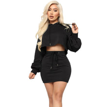 Load image into Gallery viewer, Spring Autumn Two Piece Skirt Set Women Hooded Long Sleeve Sweatshirt Crop Top and Mini Skirt Casual Club 2 Piece Outfits