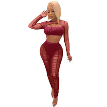 Load image into Gallery viewer, Sexy Mesh Sheer Ruched Two Pieces Set Women Long Sleeve See Through Cut Out Crop Top + Ankle-Length Pants Party Matching Outfits