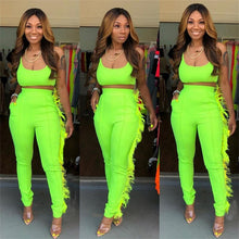 Load image into Gallery viewer, Neon Women Casual Two Piece Set Crop Top and Pants Set Festival Clothing Feather Bodycon 2 Piece Sexy Club Outfits Matching Sets