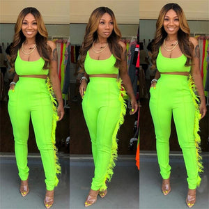 Neon Women Casual Two Piece Set Crop Top and Pants Set Festival Clothing Feather Bodycon 2 Piece Sexy Club Outfits Matching Sets