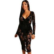 Load image into Gallery viewer, Elegant Black Lace Dress Women Sexy Midi Bodycon Party Dress Long Sleeve V Neck Split See Through Sheer Mesh Bodycon Club Dress