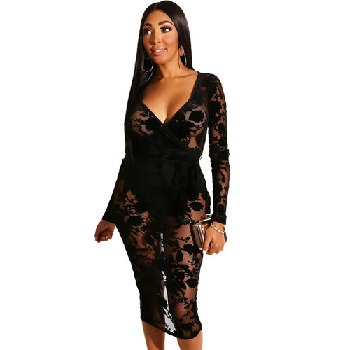 Elegant Black Lace Dress Women Sexy Midi Bodycon Party Dress Long Sleeve V Neck Split See Through Sheer Mesh Bodycon Club Dress