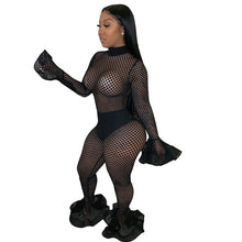 Load image into Gallery viewer, Women Mesh See-through Sexy Jumpsuit Autumn Long Sleeve Hollow Out One Piece Overalls Flare Pants Nightclub Party Romper