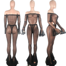 Load image into Gallery viewer, Sexy Mesh 2 Piece Set Women Club Outfits Festival Clothing Party Bodysuit Top and Flare Pants Set Two Piece Matching Women Sets