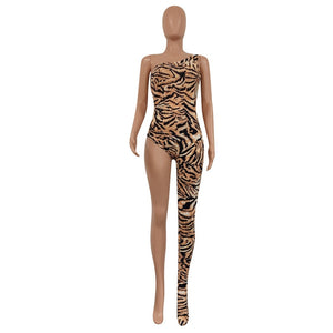 Leopard One Legged Bodycon Jumpsuit Rompers Women One Shoulder Sexy Bodysuit Rave Festival Party Club One Piece Outfits Macacao