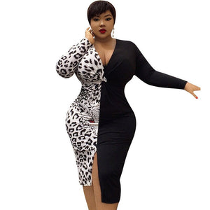 Leopard Tiger Print Patchwork Party Club Dresses Women Sexy Split Draped Night Bodycon Midi Dress Plus Size