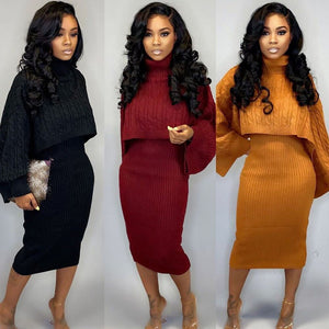 Turtleneck Long Sleeve Sweater Dress Women Autumn Winter Dress Loose Tunic Top Knit Rib Warm Two Piece Dresses Party Midi Dress