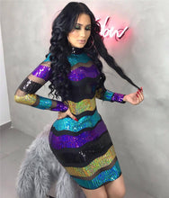 Load image into Gallery viewer, Sexy Mesh Sheer Striped Sequin Dress Women Turtleneck Long Sleeve Bodycon Mini Dress Elegant Club Sparkly Party Dresses Vestidos