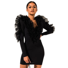 Load image into Gallery viewer, Elegant Celebrity Christmas Sexy Bodycon Party Dresses Women Deep V Neck Mesh Ruffles Long Sleeve Club Mini Little Black Dress