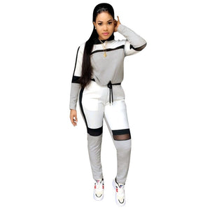 Patchwork Grey Casual Two Piece Set Tracksuit Women Hooded Crop Top and Pants Set Sweat Suit Women 2 Piece Tracksuit Sets