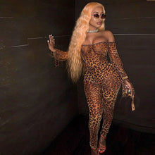 Load image into Gallery viewer, Bandage Bodycon Sexy Jumpsuit Women Off Shoulder Sheer Mesh Animal Print Jumpsuit Long Sleeve Sexy Party Club Romper Overalls