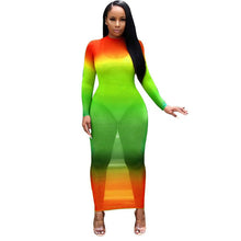 Load image into Gallery viewer, Rainbow Tie Dye Sheer Mesh Bodycon Maxi Dress Women Fall Long Sleeve See Through Bandage Dress Sexy Night Club Party Long Dress