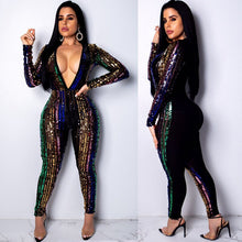 Load image into Gallery viewer, Multicolor Sequin Jumpsuit Women V Neck Long Sleeve Sexy Bodysuit Sparkly Bodycon Jumpsuit Night Club Party Rompers Jumpsuit