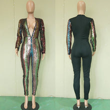 Load image into Gallery viewer, Multicolor Sequin Jumpsuit Women V Neck Long Sleeve Sexy Bodysuit Sparkly Bodycon Jumpsuit Night Club Party Rompers Jumpsuit