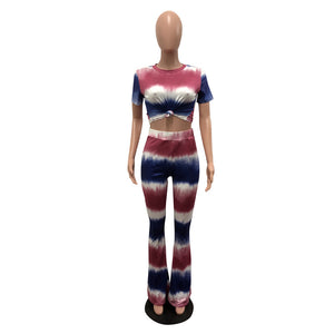 New Summer 2 Piece Set Women Tie Dye Flare Pants Set Short Sleeve Crop Top and Wide Leg Pants Women Tracksuit Leisure Suit