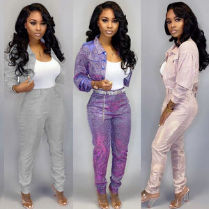 Glitter Sexy Two Piece Set Top and Pants Women Festival Clothing Autumn Tracksuit Women Set Casual Bodycon 2 Piece Club Outfits