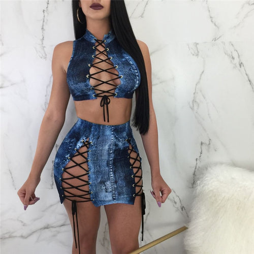 Sexy Lace up Two Piece Sets Women Bodycon Dresses Summer Sleeveless Hollow Out Jeans Crop Top and Skirt Set Party Club Outfit