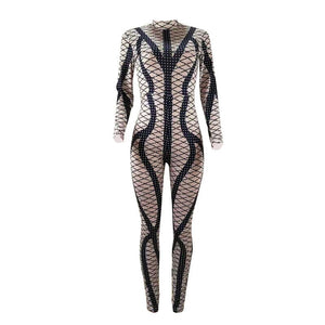 Sexy Printed Jumpsuit Women Turtleneck Bodysuit Long Sleeve Pants Romper Leotard Bandage Bodycon Jumpsuit Catsuit