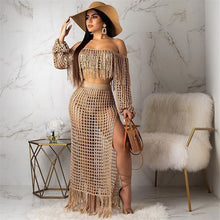 Load image into Gallery viewer, Fringed Tassel Summer Beach Dress Women Sexy Off Shoulder Maxi Dress Long Sleeve Boho Knit Crochet Hollow Out Party Long Dress