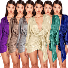 Load image into Gallery viewer, Sexy Silver Long Sleeve Mini Dress New Women Deep V Neck Ruched Night Out Clubwear Metallic Wrap Dress Asymmetrical Club Dresses