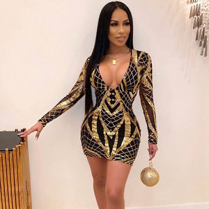 Autumn Women Sequin Dress Long Sleeve Elegant Bodycon Party Dress Sheath Deep V Neck Gold Glitter Backless Short Mini Club Dress