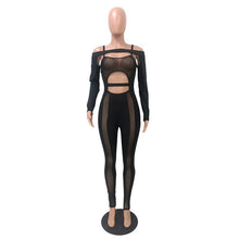 Load image into Gallery viewer, Black Hollow Out Sexy Bandage Jumpsuit Women Mesh Sheer Long Sleeve Backless Skinny Bodysuit Female Bodycon Party Romper Overall