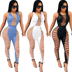 Side Lace Up Sexy Party Jumpsuit Women Summer Sleeveless Hollow Out Nightclub Jumpsuits Overall Skinny Jumpsuit Macacao Feminino