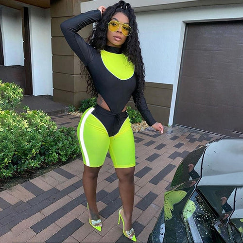 Reflective Tracksuit Women Casual Two Piece Set Shorts Sport Suit Bodysuit Top Biker Shorts Set Bodycon 2 Piece Matching Set