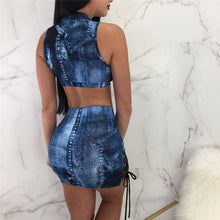 Load image into Gallery viewer, Sexy Lace up Two Piece Sets Women Bodycon Dresses Summer Sleeveless Hollow Out Jeans Crop Top and Skirt Set Party Club Outfit