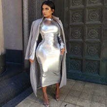 Load image into Gallery viewer, Gold Silver Bright Metallic Club Party Dress Women Long Sleeve Turtleneck Bodycon Midi Dress Elegant Sexy Dress Vestido De Festa