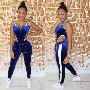 Sexy Two Piece Set Zipper Bodysuit Top and Long Pants Women Side Striped Velvet Fall 2 Piece Club Outfits Bodycon Matching Sets