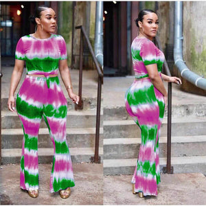 New Summer 2 Piece Set Women Tie Dye Flare Pants Set Short Sleeve Crop Top and Wide Leg Pants Women Tracksuit Leisure Suit