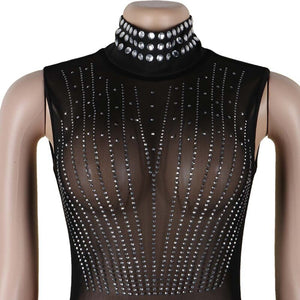 Sheer Mesh Rhinestone Dress Women Elegant Midi Bodycon Party Dress Autumn Summer See Through Glitter Sparkle Sexy Club Dresses