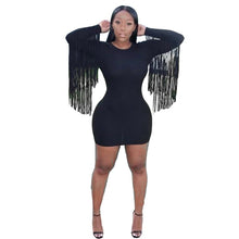 Load image into Gallery viewer, Winter Autumn Bodycon Dress Women Tassel Fringe Long Sleeve Casual Dress Sexy Black Club Party Elegant Mini Short Dress Vestidos