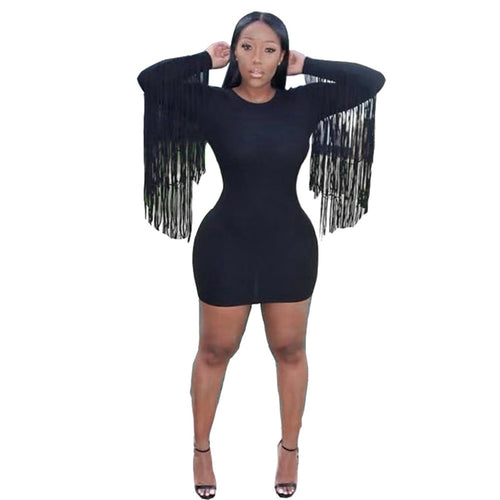 Winter Autumn Bodycon Dress Women Tassel Fringe Long Sleeve Casual Dress Sexy Black Club Party Elegant Mini Short Dress Vestidos